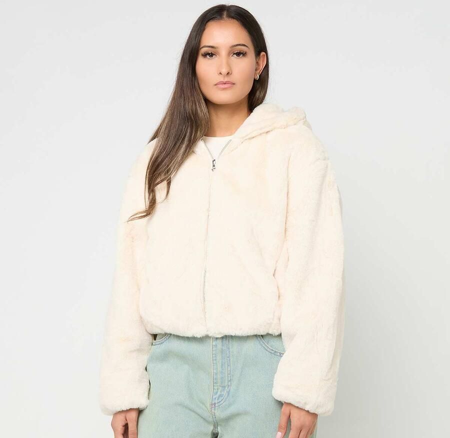 Urban Classics Ladies Full Zip Faux Fur Hoodie Women Bomberjacks beige Maat XS Kleding - Foto 3