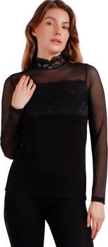 Admas Blouse Top van tule en kant met lange mouwen opstaande kraag