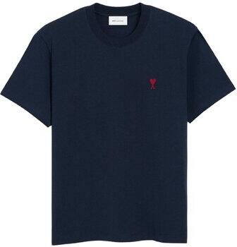 Ami Paris Iconisch Logo T-shirt met Geribbelde Ronde Hals Blue