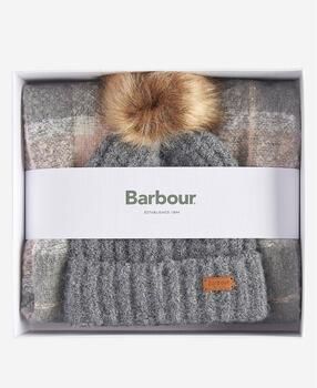 Barbour Grijs Roze Beanie+Sjaal Set met Nepbont Pom-Pom Gray Dames