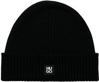 Hugo Boss Zwarte Wol Logo Beanie Hoed Black Heren