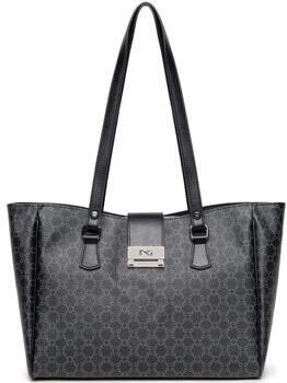 Nerogiardini Zwarte eco-lederen handtas met grijs motief en zilveren rits Black Dames