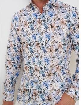 R2 Amsterdam Overhemd Lange Mouw R2 Overhemd Linnen Blend Flowers Blauw Beige