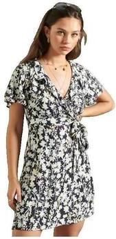 Superdry overslagjurk met all over print en ruches donkerblauw lichtgroen lichtgeel