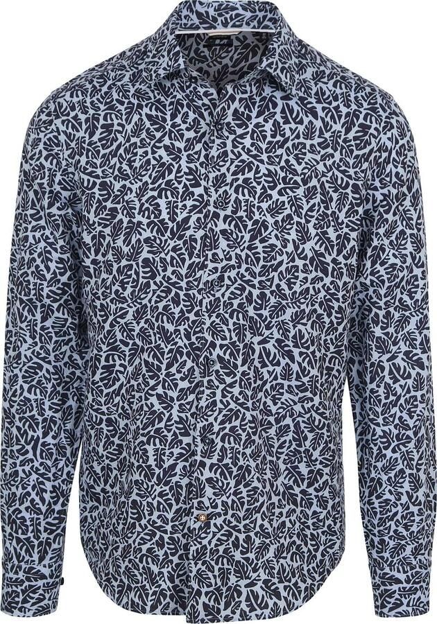 Boss Overhemd Linnen Print Blauw