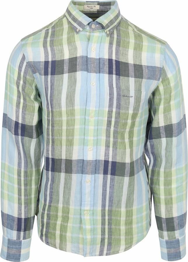 Gant Overhemd Linnen Ruiten Blauw Groen