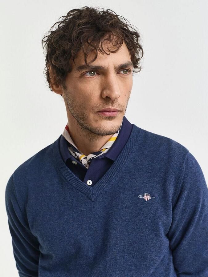 GANT fijngebreide trui met logo dark jeansblue melange - Foto 3