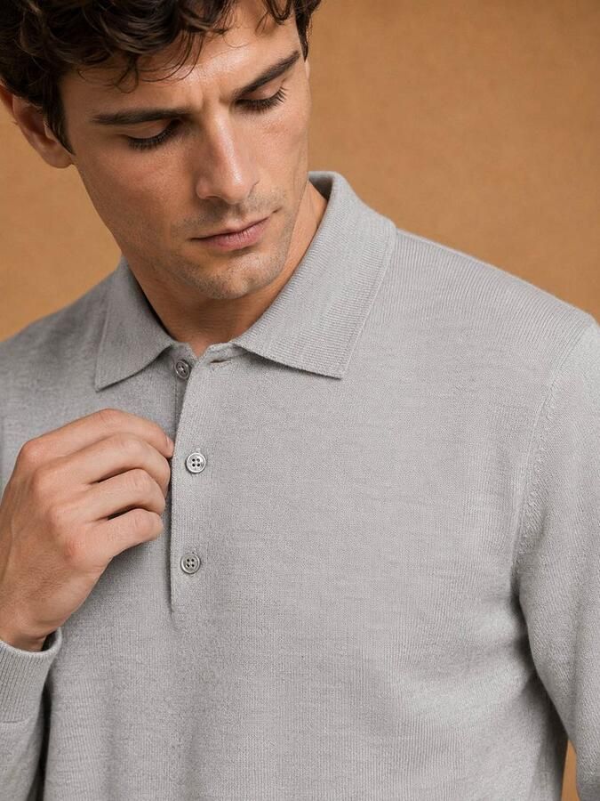 KING Essentials The Robert Long Sleeve Poloshirt Merino Grijs