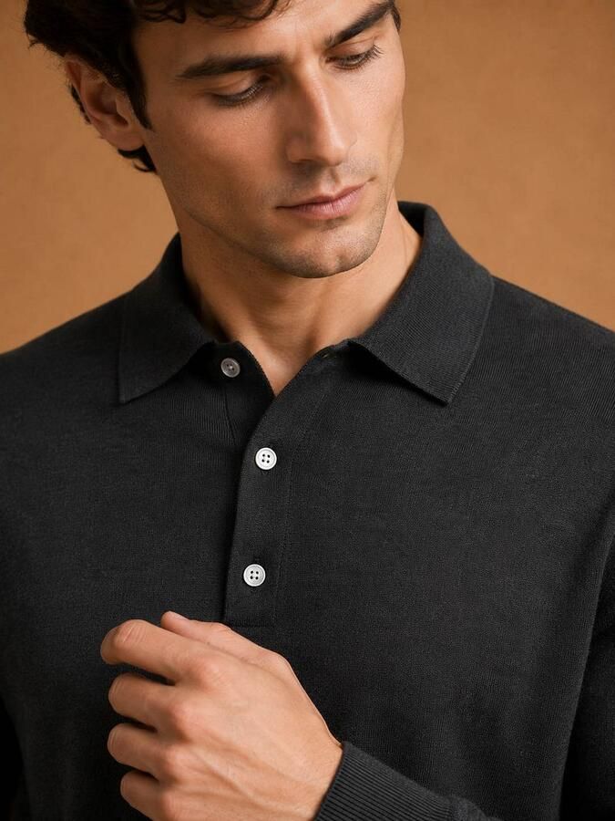 KING Essentials The Robert Long Sleeve Poloshirt Merino Zwart