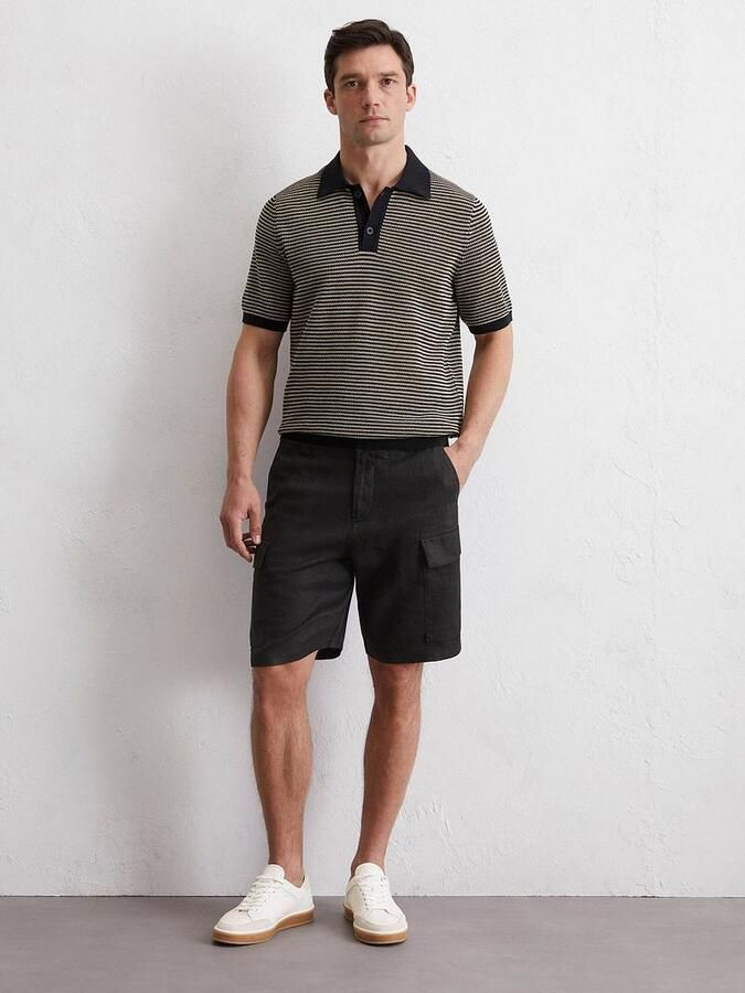 Marc O'Polo T-shirt Knitted Poloshirt Strepen Zwart Beige