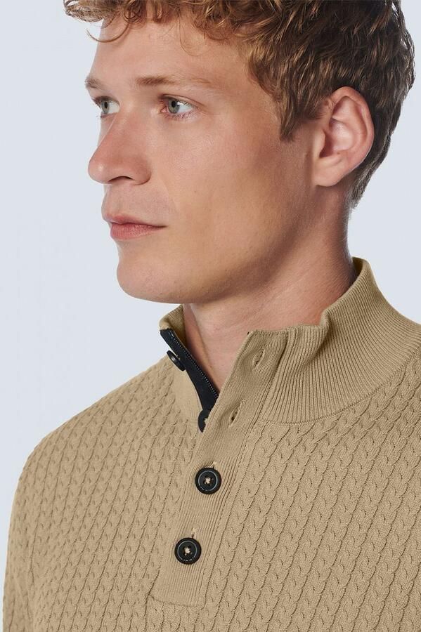 No Excess Half Zip Sweater met Knopen en Ribstructuur Beige Heren