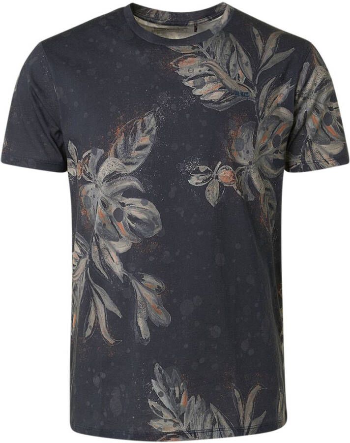 No Excess T-Shirt Botanische Print Donkerblauw