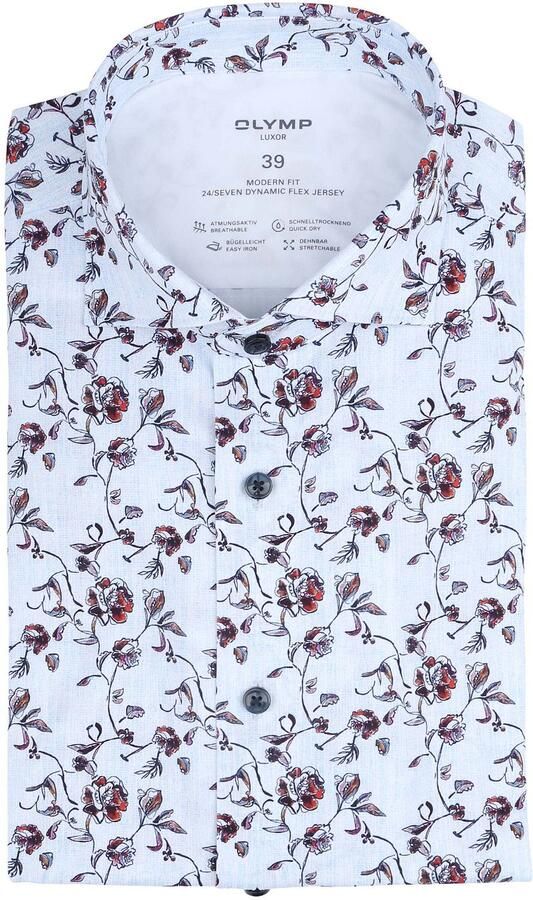 Olymp Luxor Overhemd Print Bloemen Lichtblauw