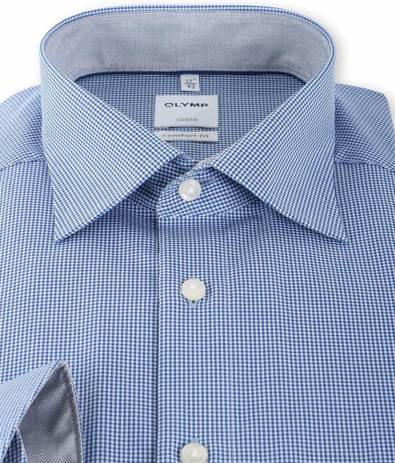 Olymp Luxor Strijkvrij Shirt Blauw Ruit Comfort Fit