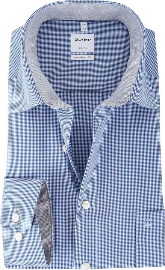 Olymp Luxor Strijkvrij Shirt Blauw Ruit Comfort Fit