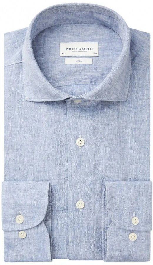 Profuomo Gemeleerd overhemd linnen blauw