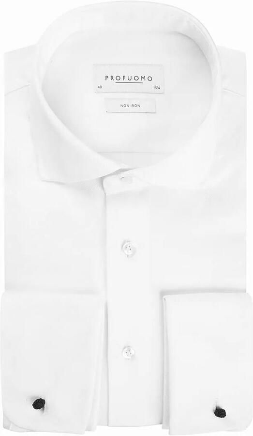 Profuomo slim fit strijkvrij overhemd met dubbele manchet wit twill two-ply - Foto 7