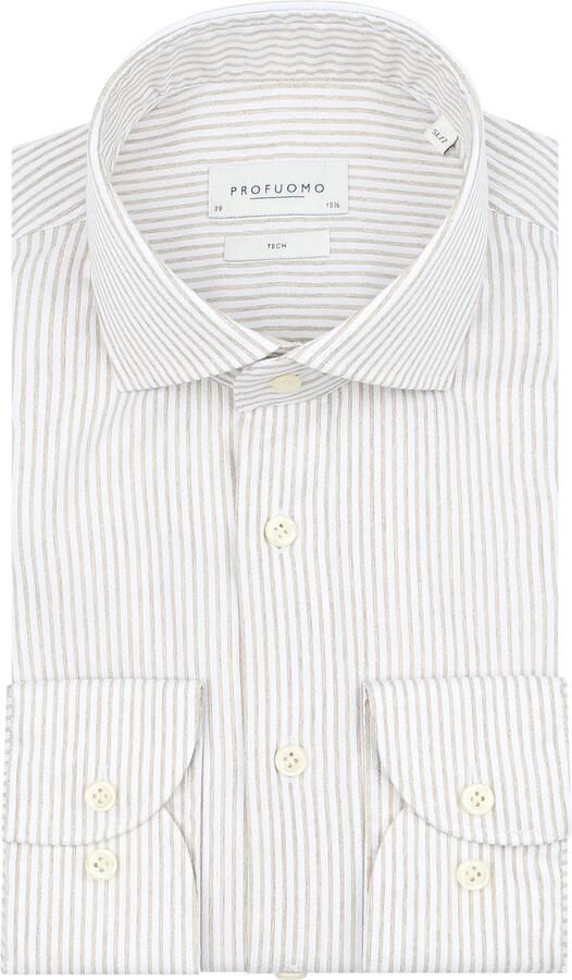 Profuomo Shirt Extra Lange Mouwen Travel Streep Beige