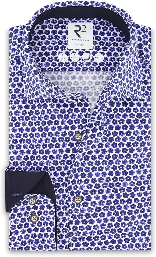 R2 Amsterdam R2 Knitted Piqué Overhemd Bloemen Blauw Extra Lange Mouwen
