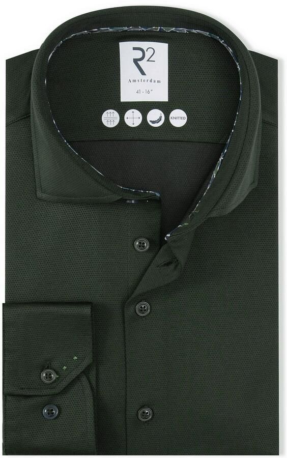 R2 Amsterdam R2 Overhemd Dobby Travel Shirt Donkergroen