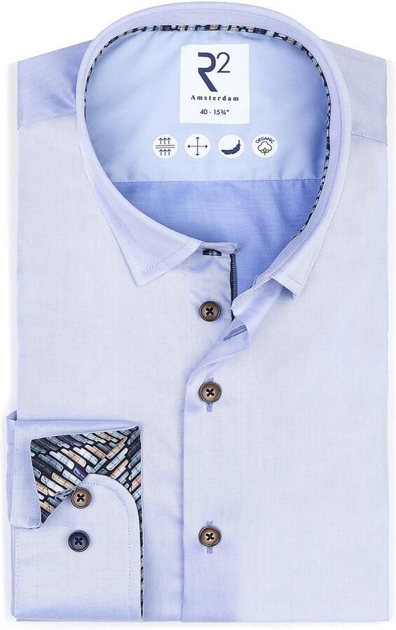 R2 Amsterdam R2 Overhemd Fine Twill Contrast Lichtblauw
