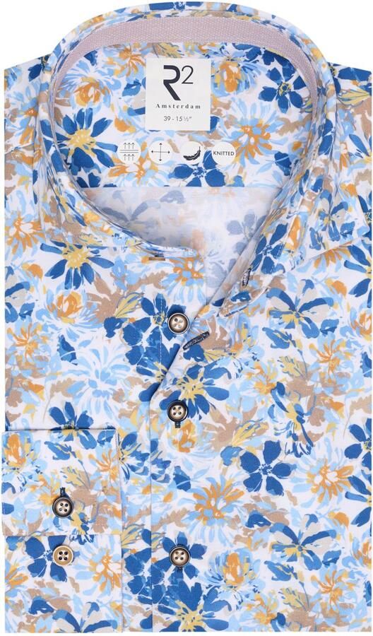 R2 Amsterdam R2 Overhemd Knitted Bloemenprint Blauw