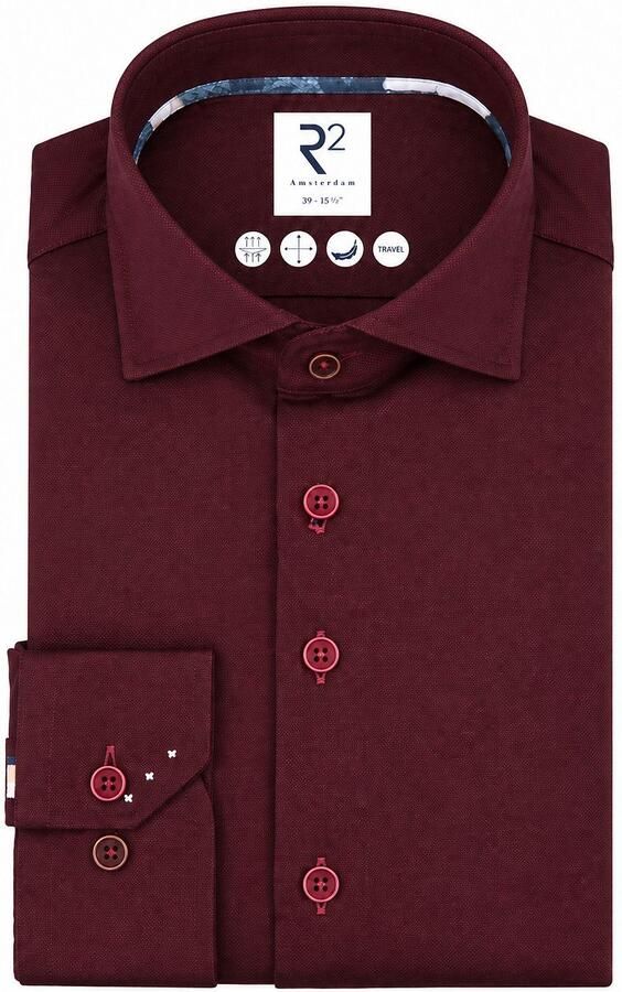 R2 Amsterdam Overhemd Lange Mouw R2 Overhemd Knitted Dobby Bordeaux
