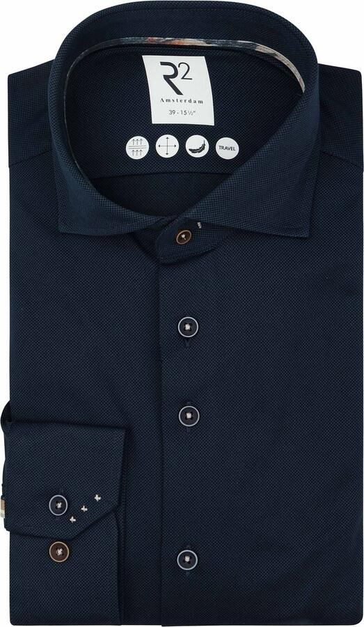 R2 Amsterdam Overhemd Lange Mouw R2 Overhemd Knitted Dobby Navy