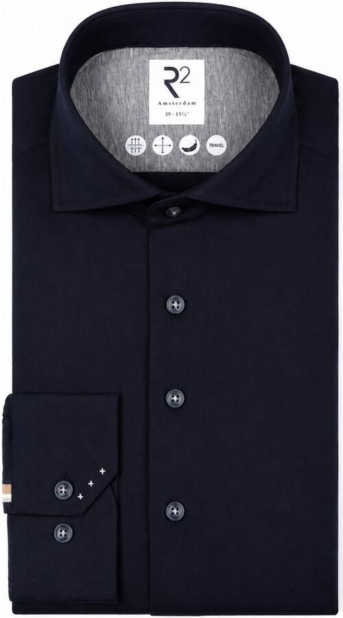 R2 Amsterdam Overhemd Lange Mouw R2 Overhemd Knitted Herringbone Navy