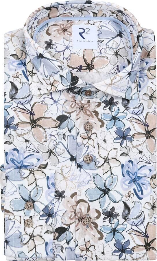 R2 Amsterdam R2 Overhemd Linnen Blend Flowers Blauw Beige