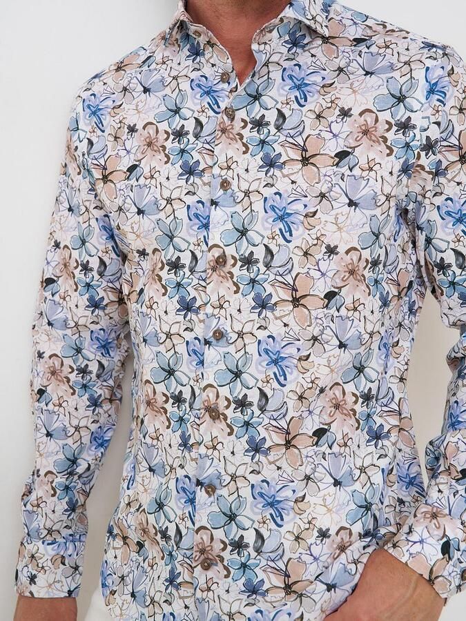R2 Amsterdam R2 Overhemd Linnen Blend Flowers Blauw Beige - Foto 2