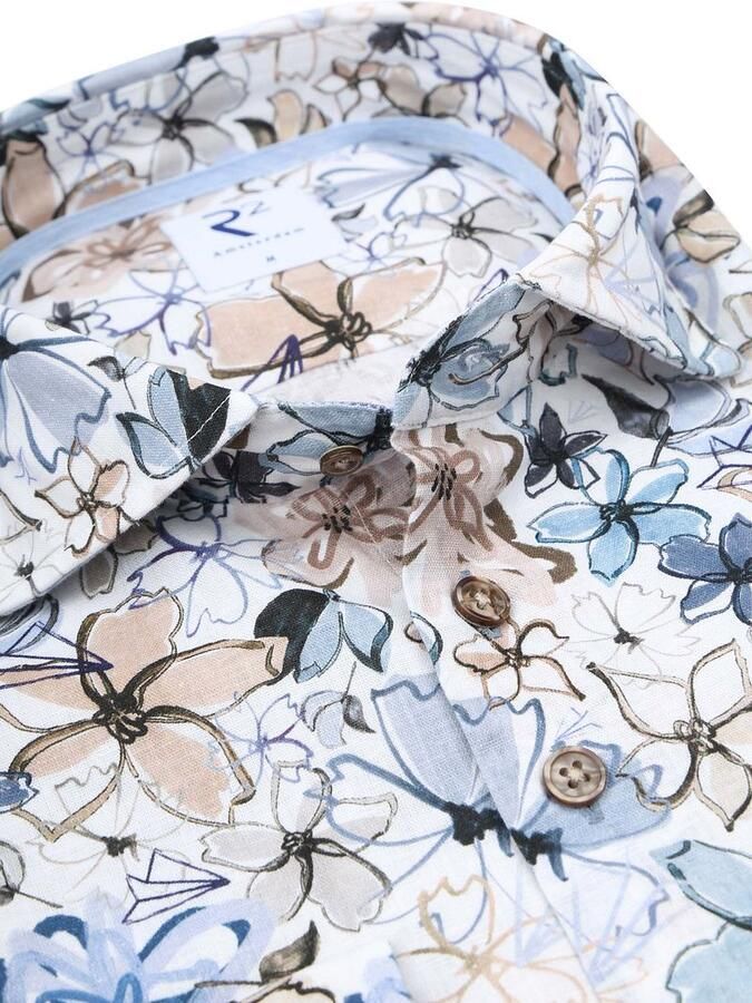 R2 Amsterdam R2 Overhemd Linnen Blend Flowers Blauw Beige - Foto 3