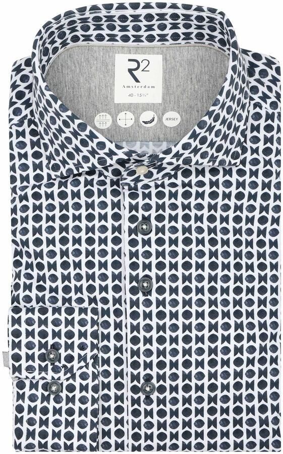 R2 Amsterdam Overhemd Lange Mouw R2 Overhemd Single Jersey Print Navy