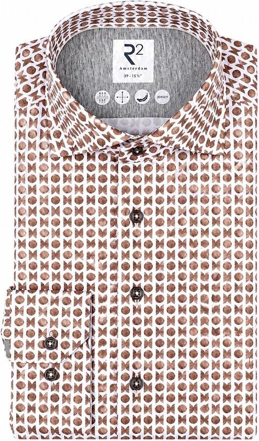 R2 Amsterdam Overhemd Lange Mouw R2 Overhemd Single Jersey Print Taupe