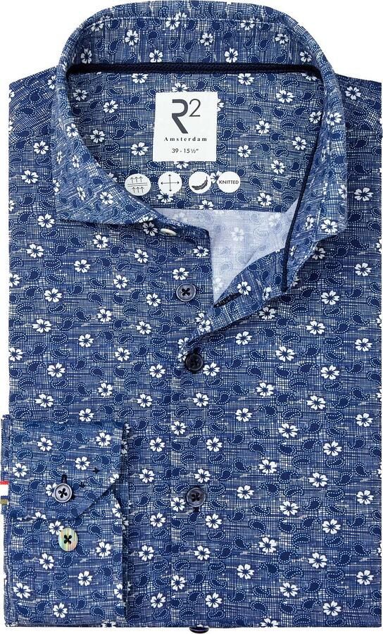 R2 Amsterdam R2 Overhemd Tech Knit Flowers & Paisley Blauw