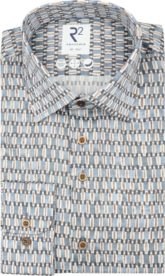 R2 Amsterdam Overhemd Lange Mouw R2 Poplin Overhemd Poplin Retro Print Blauw