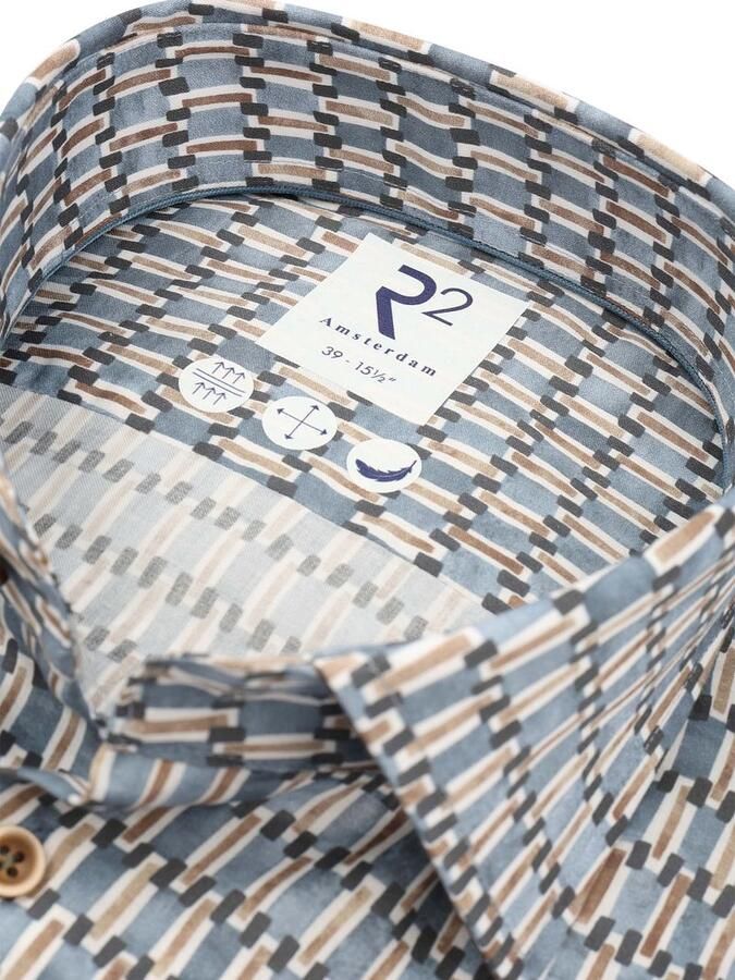 R2 Amsterdam Overhemd Lange Mouw R2 Poplin Overhemd Poplin Retro Print Blauw - Foto 3