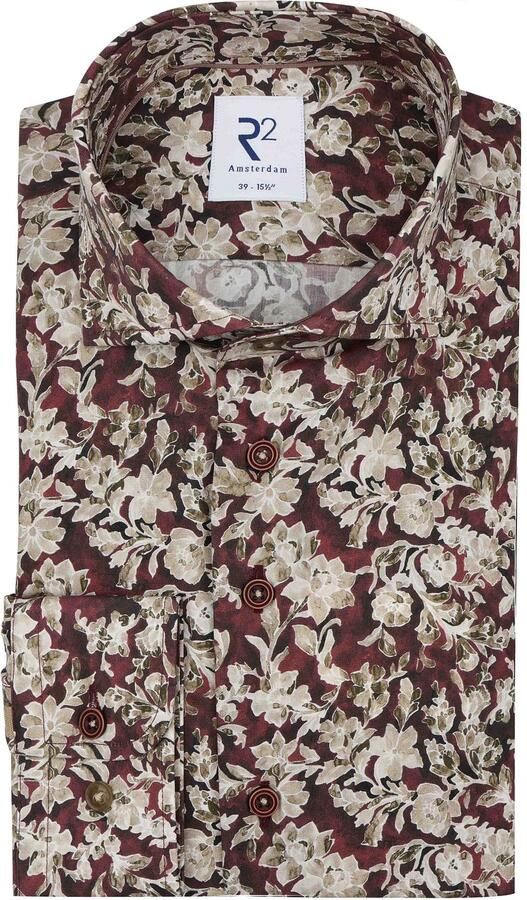 R2 Amsterdam Overhemd Lange Mouw R2 Poplin Overhemd Print Bordeaux