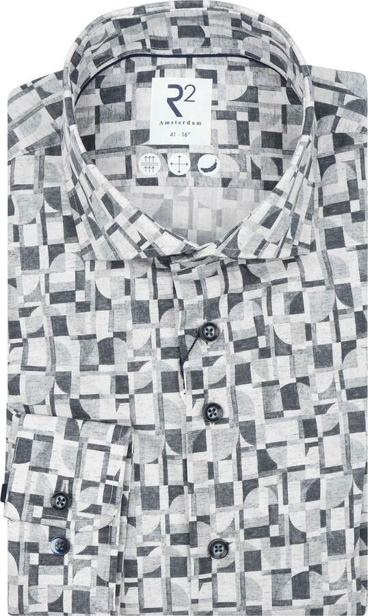 R2 Amsterdam Overhemd Lange Mouw R2 Poplin Overhemd Retro Print Grijs