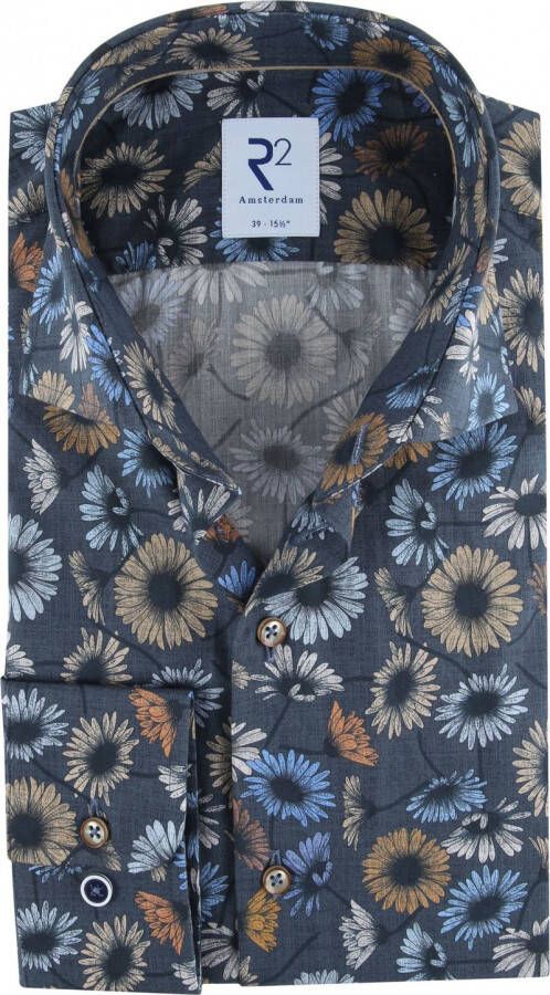 R2 Amsterdam R2 Overhemd Bloemen Donkerblauw Blauw Heren