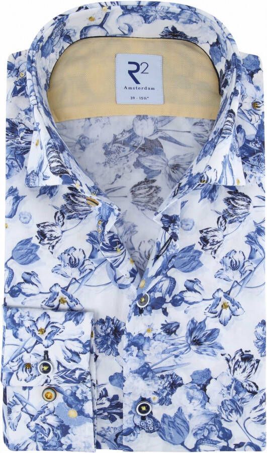 R2 Amsterdam R2 Overhemd Wit Blauw Bloemen Blauw Heren