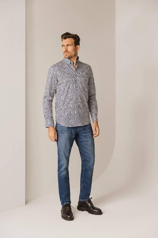 State of Art regular fit overhemd met all over print wit donkerblauw - Foto 3