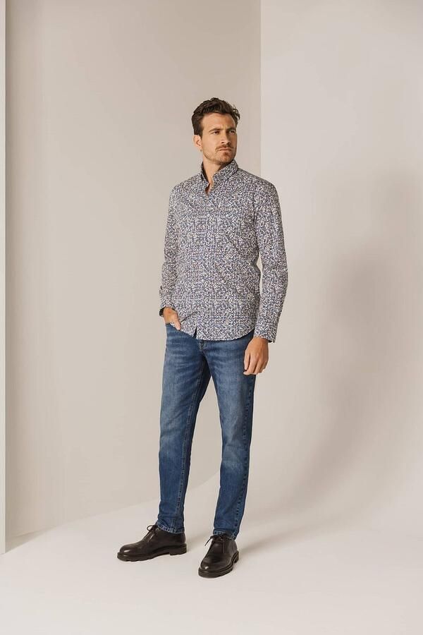 State of Art regular fit overhemd met all over print wit donkerblauw - Foto 3