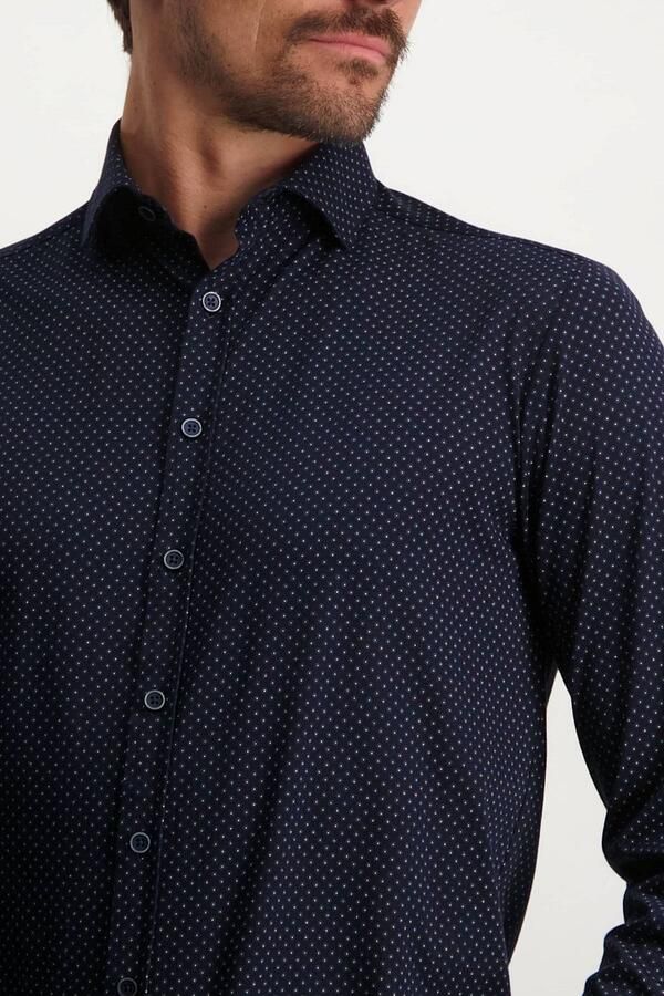 State of Art slim fit overhemd met all over print donkerblauw greige - Foto 3