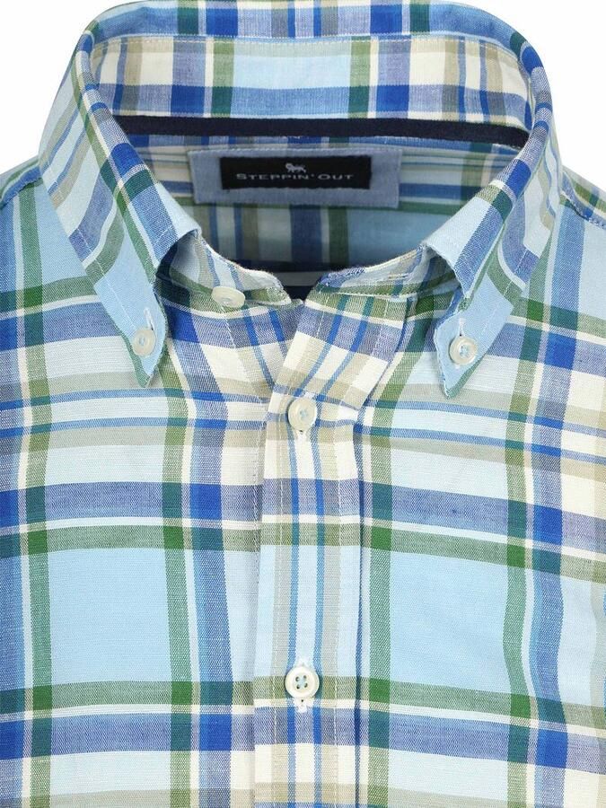 Steppin' Out Overhemd Linen Cotton Checks Blauw Groen - Foto 2