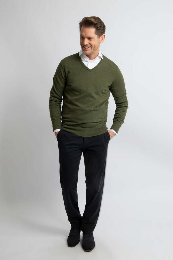 Steppin' Out Trui Cotton Cashmere V-hals Olijfgroen - Foto 3
