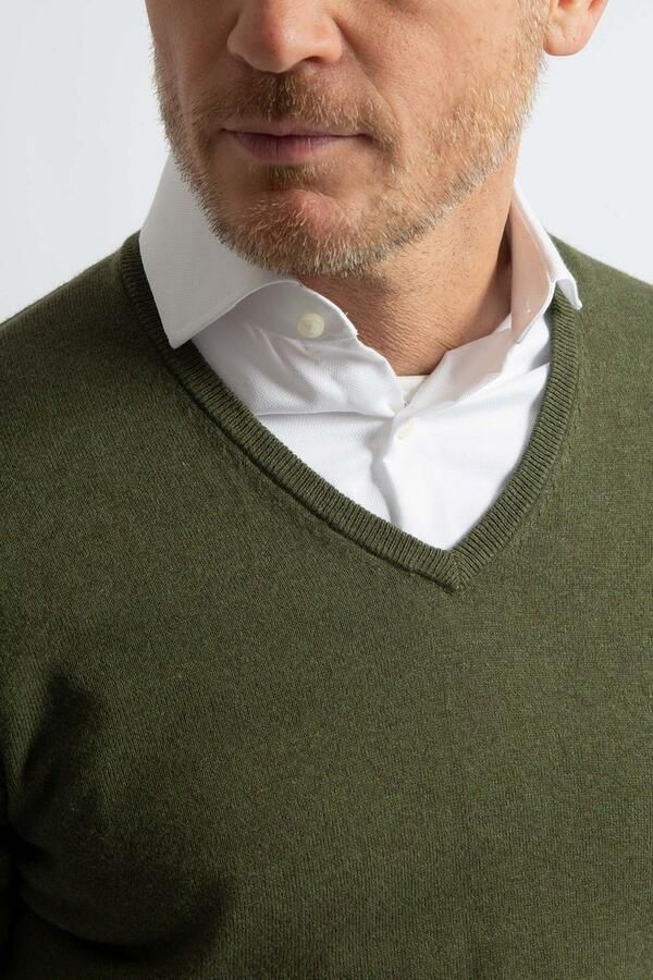 Steppin' Out Trui Cotton Cashmere V-hals Olijfgroen - Foto 5