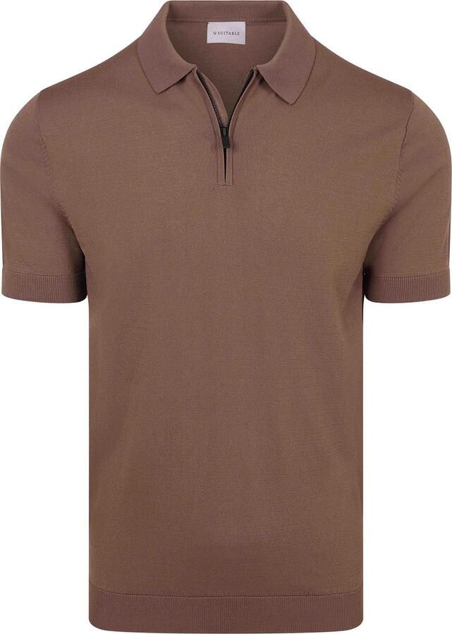 Suitable Polo Shirt Korte Mouw Knitted Half Zip Polo Dan Tabacco