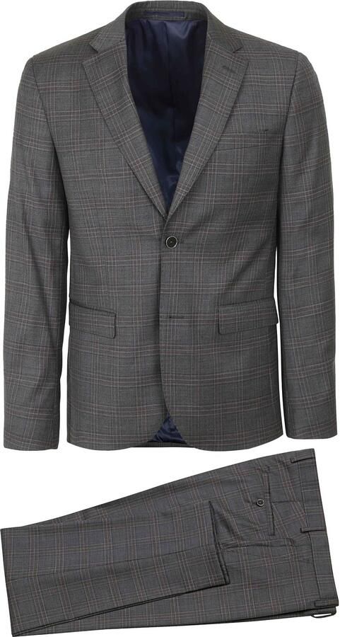 Suitable Kostuum Toulon Wol Check Grijs Bruin