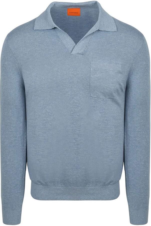 Suitable Longsleeve Knitted Poloshirt Riva Pocket Lichtblauw